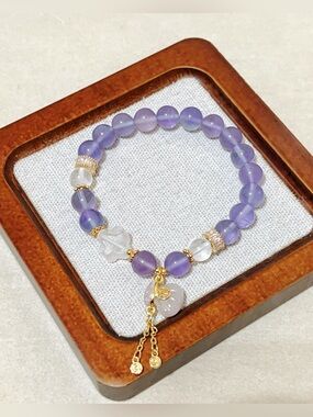 Handmade Blue Purple Fluorite beads| Clover & Purple Amethyst Money Bag Dangle